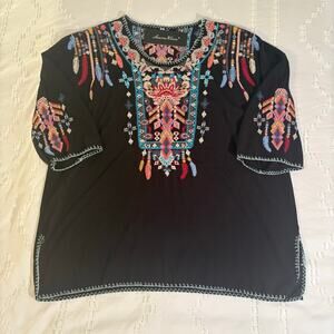 NWT Bohemian Mexican Embroidered Peasant Top Black Rayon Tunic Colorful M
